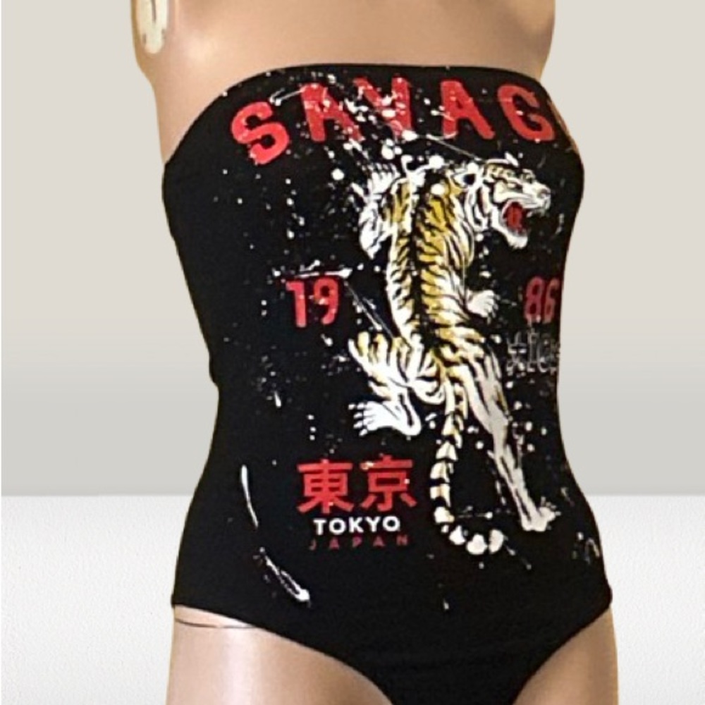Black Strapless Top with Tiger and Red Lettering